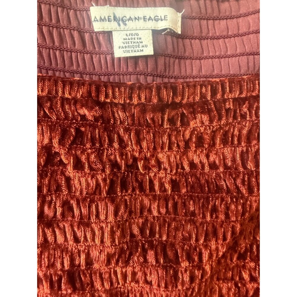 American Eagle Velvet Y2K Babydoll Top Size L Smocked Ruffle Boho Peasant Earthy - Picture 4 of 8